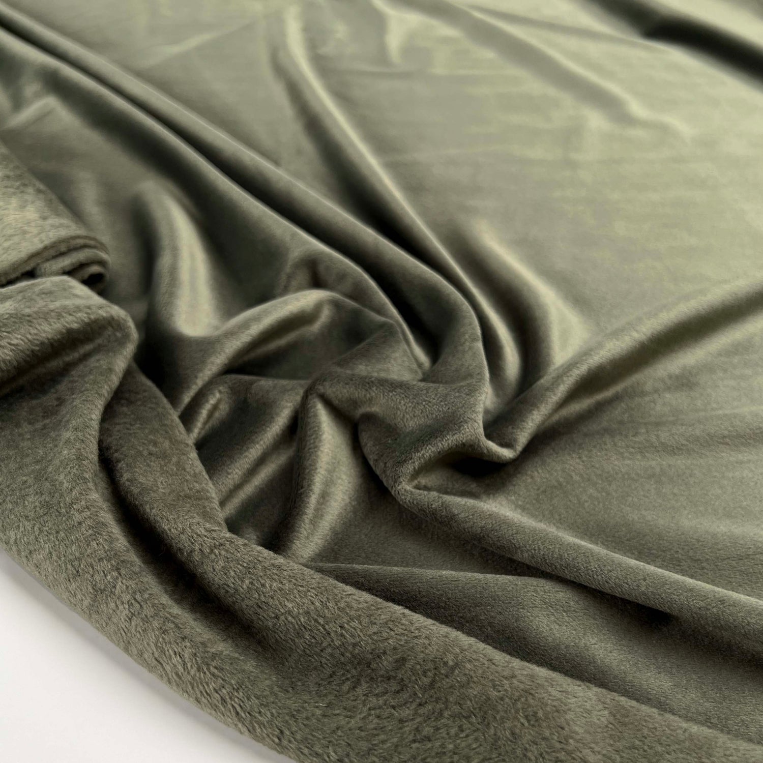 Comfort Velour Olive Green Polyester Elastane Soft Fleece Jersey Fabric Close Up