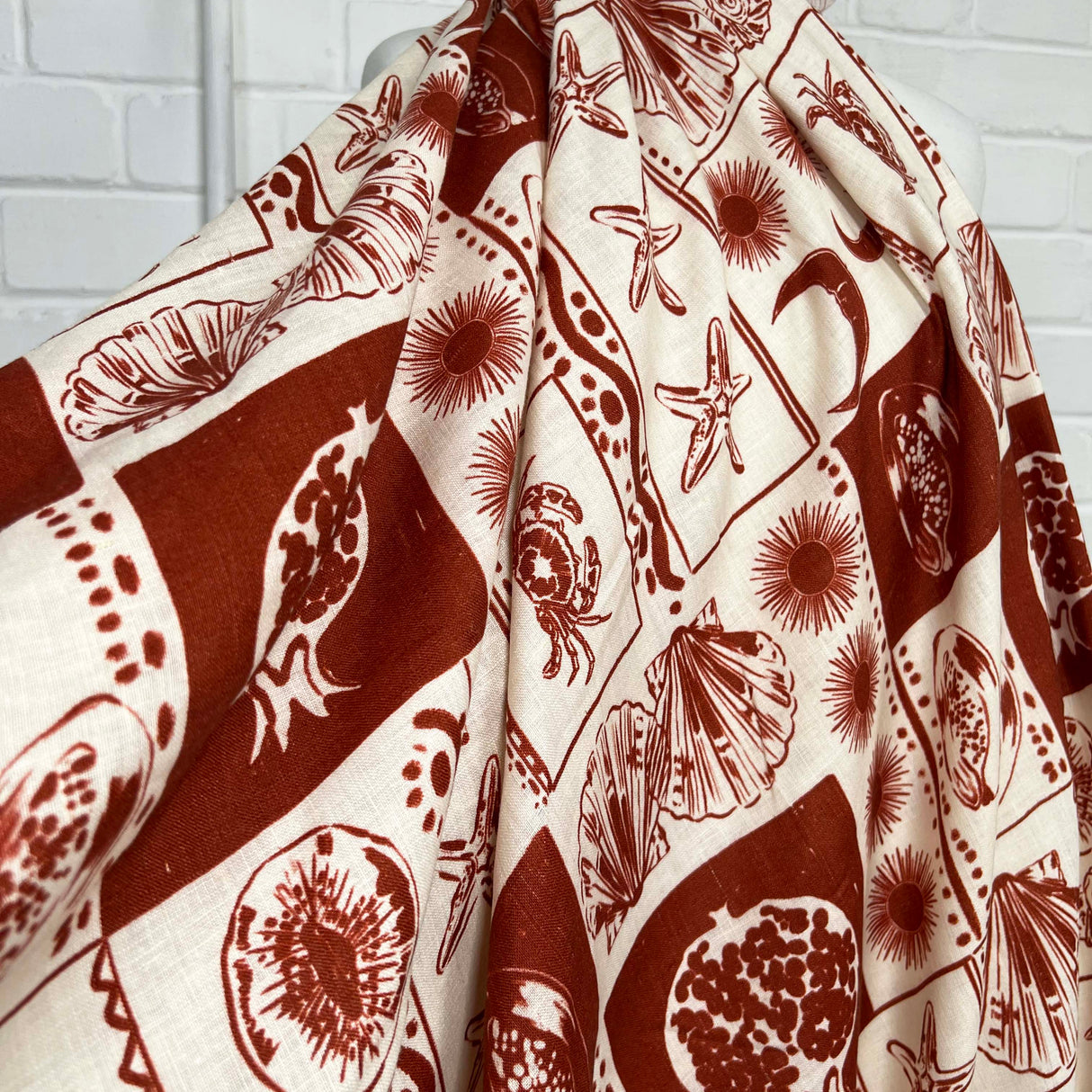 Italian Ex-Designer Rust Ornamental Motif Print Fabric Costa Rossa Mannequin