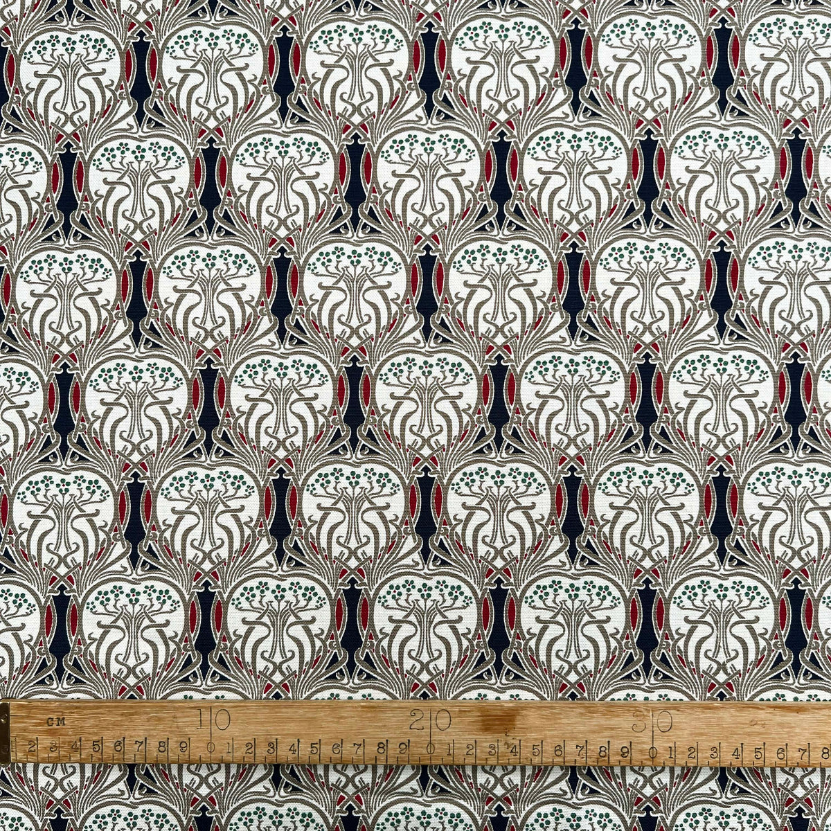 Cotton Canvas Art Noveau Abstract Red Navy Print Woven Fabric Ruler