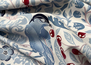 White & Blue Printed Craft Dress Fabric Cotton Canvas - Cherry Bird CU