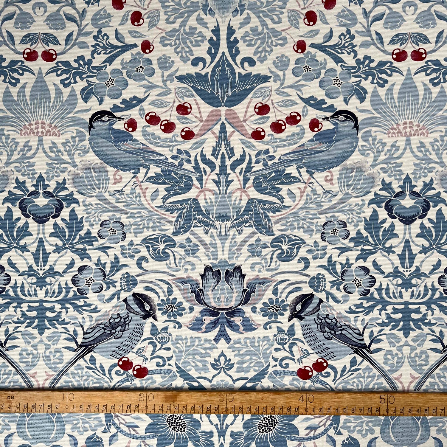 White & Blue Printed Craft Dress Fabric Cotton Canvas - Cherry Bird Full