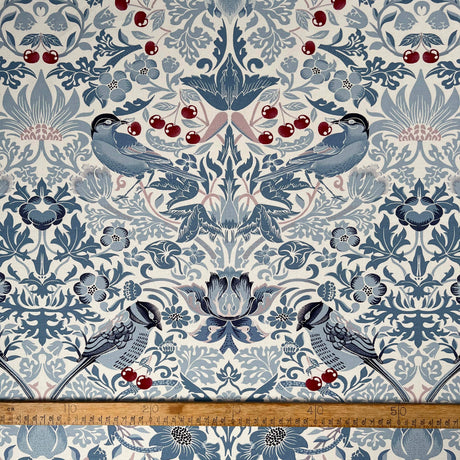 White & Blue Printed Craft Dress Fabric Cotton Canvas - Cherry Bird Full