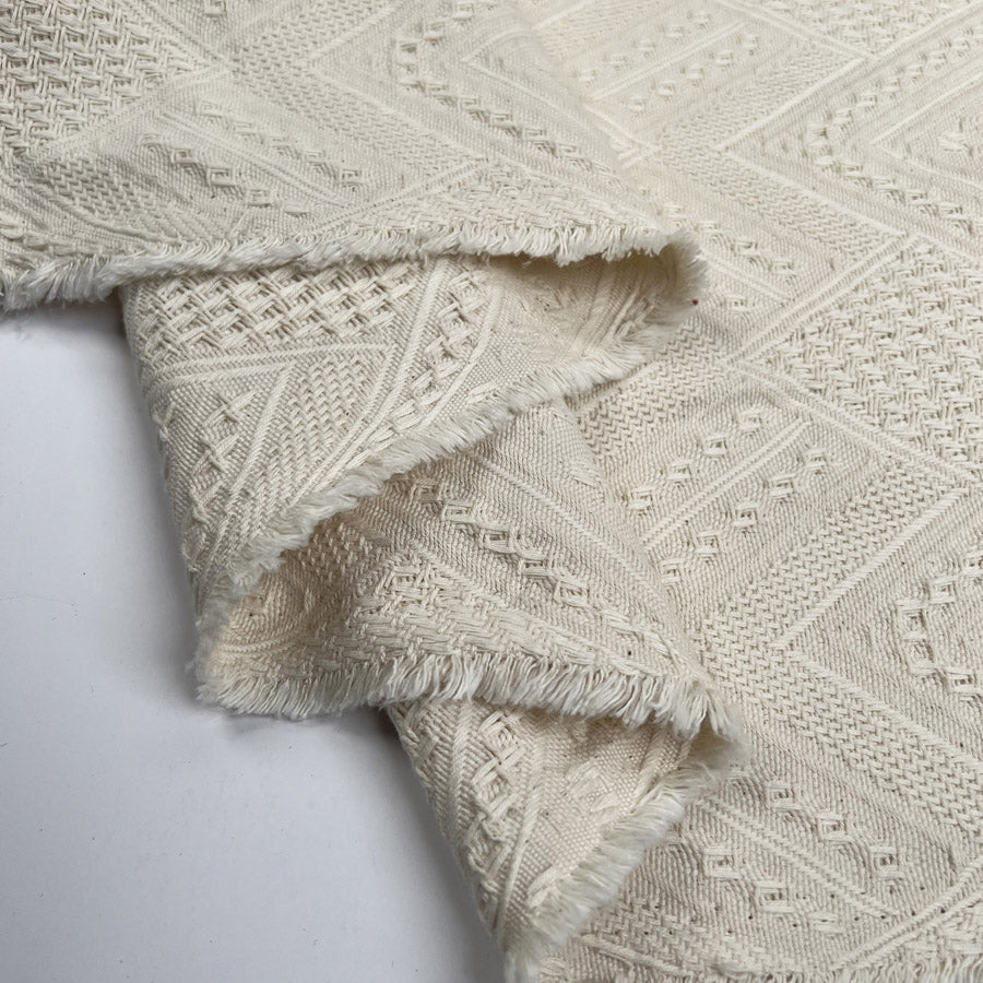 Cotton Damask Ecru Geometric Patterned Woven Fabric Fold