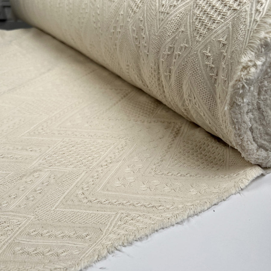 Cotton Damask Ecru Geometric Patterned Woven Fabric Roll