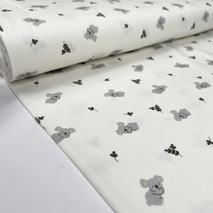 Cotton Jersey Koala Cream Green Grey Animal Print Elastane Knit Fabric Bolt