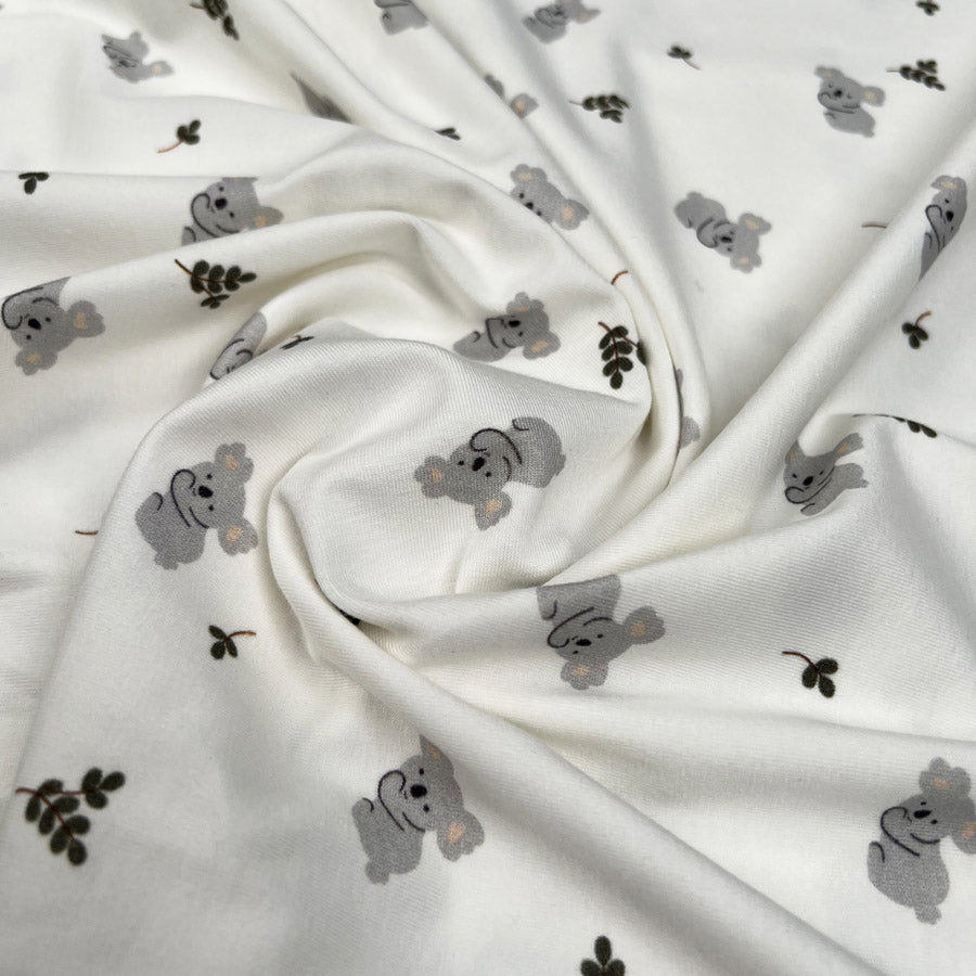 Cotton Jersey Koala Cream Green Grey Animal Print Elastane Knit Fabric CU