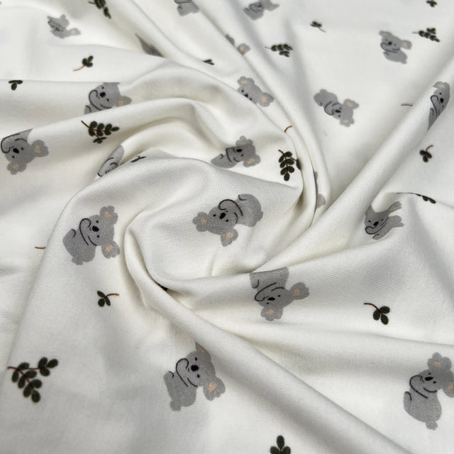 Cotton Jersey Koala Cream Green Grey Animal Print Elastane Knit Fabric CU