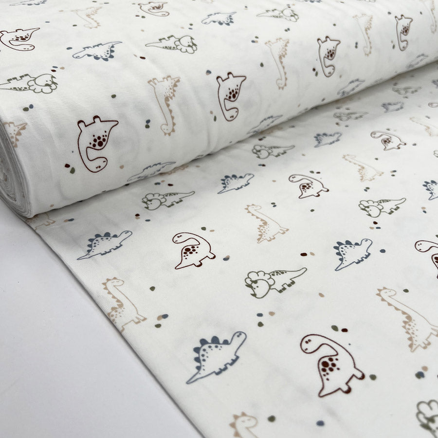 Cotton Jersey Prehistoric Cream Dinosaur Print Elastane Knit Fabric Bolt