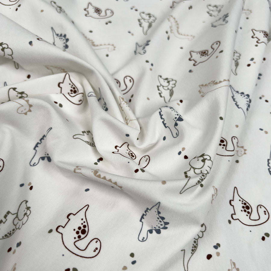Cotton Jersey Prehistoric Cream Dinosaur Print Elastane Knit Fabric CU