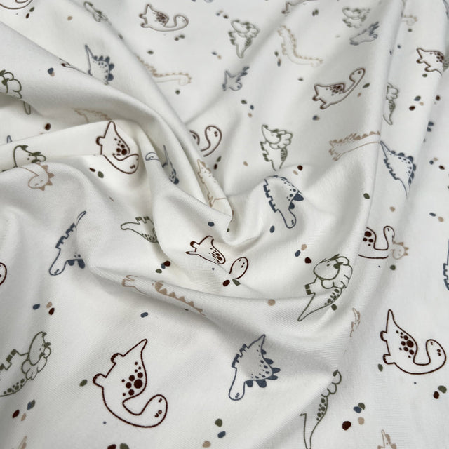 Cotton Jersey Prehistoric Cream Dinosaur Print Elastane Knit Fabric CU