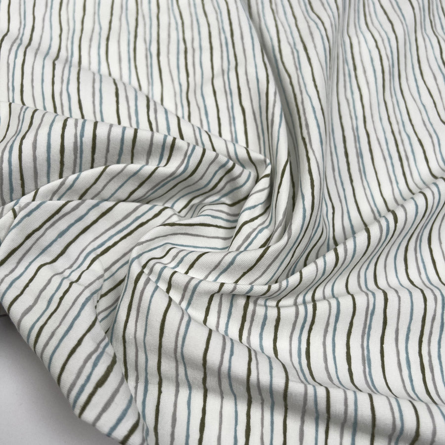 Cotton Jersey Simple Stripes Cream Blue Green Grey Elastane Knit Fabric CU
