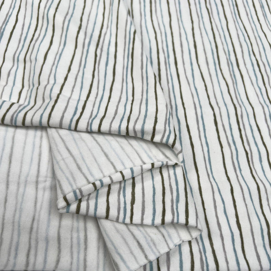 Cotton Jersey Simple Stripes Cream Blue Green Grey Elastane Knit Fabric Fold