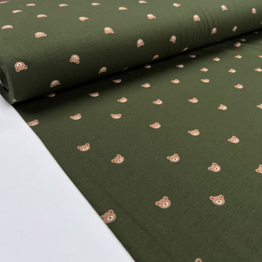 Cotton Jersey Tiny Bear Olive Green Brown Animal Bear Print Elastane Knit Fabric Bolt