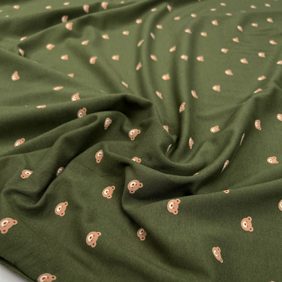 Cotton Jersey Tiny Bear Olive Green Brown Animal Bear Print Elastane Knit Fabric CU