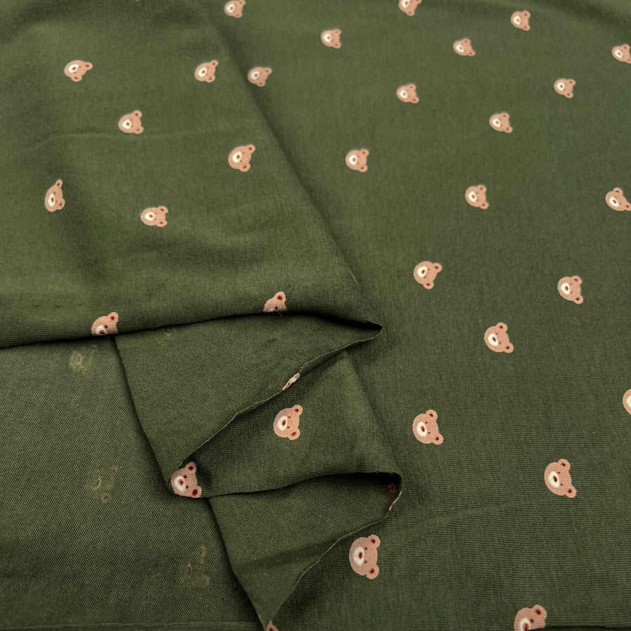 Cotton Jersey Tiny Bear Olive Green Brown Animal Bear Print Elastane Knit Fabric Fold