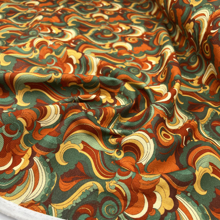 Cotton Needlecord Back In The Day Orange Retro Pattern Woven Fabric CU