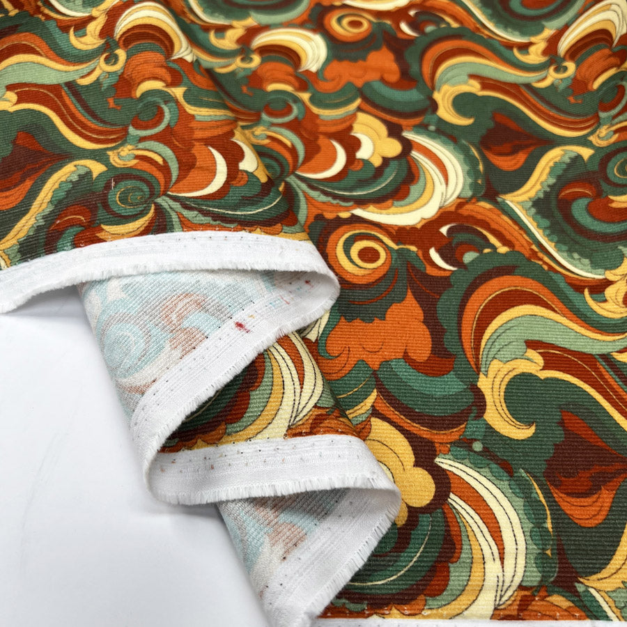 Cotton Needlecord Back In The Day Orange Retro Pattern Woven Fabric Fold