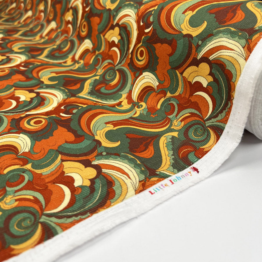 Cotton Needlecord Back In The Day Orange Retro Pattern Woven Fabric Roll