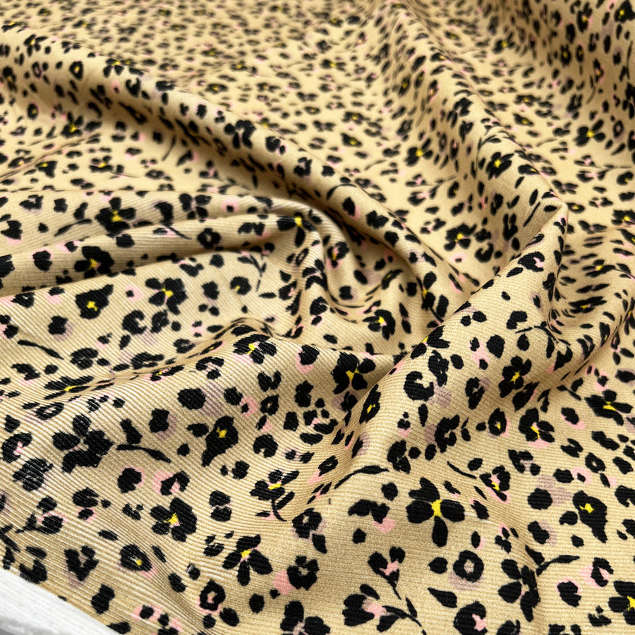 Cotton Needlecord Take It Slow Beige Leopard Floral Pattern Woven Fabric CU