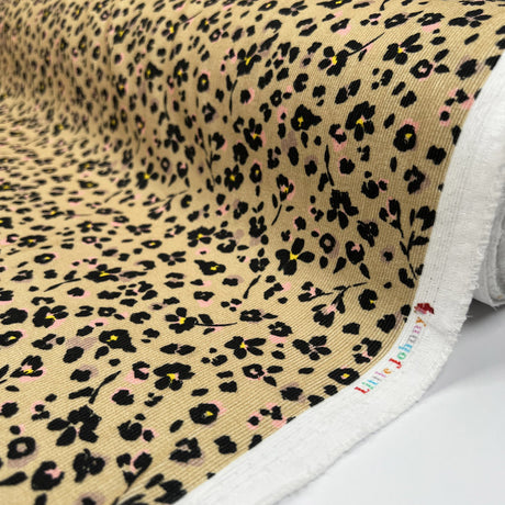 Cotton Needlecord Take It Slow Beige Leopard Floral Pattern Woven Fabric Roll