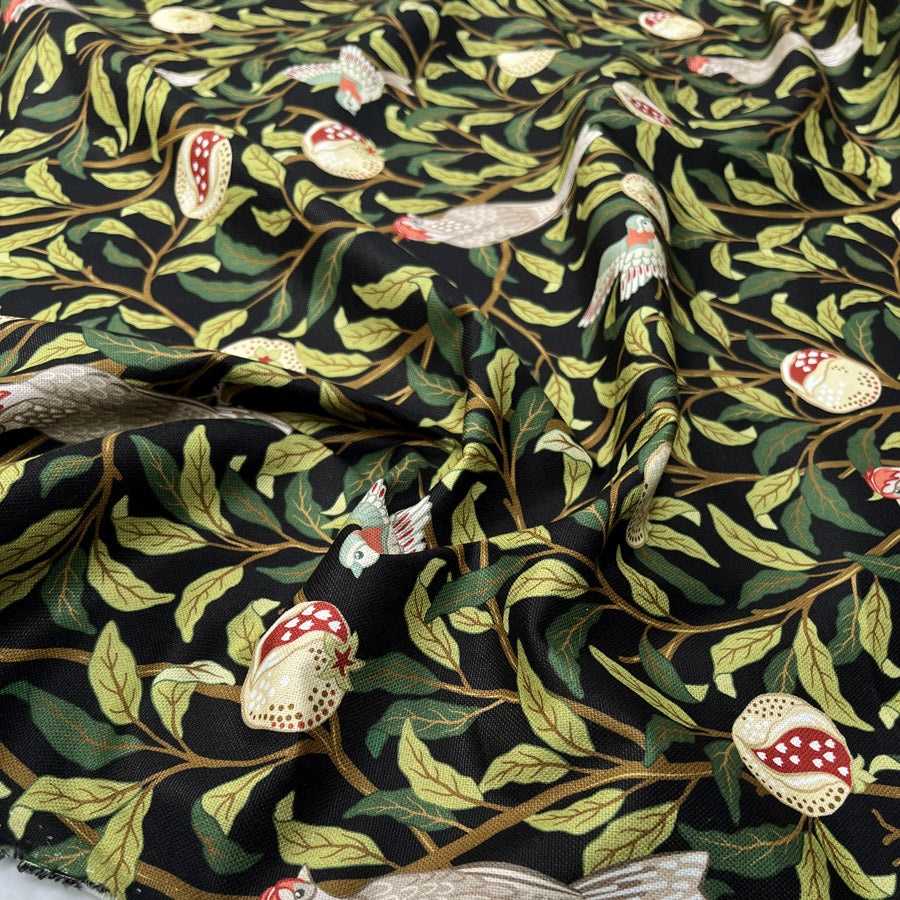 Cotton Painted Blooms Black Green Leaf Bird Printed Canvas Woven Fabric CU