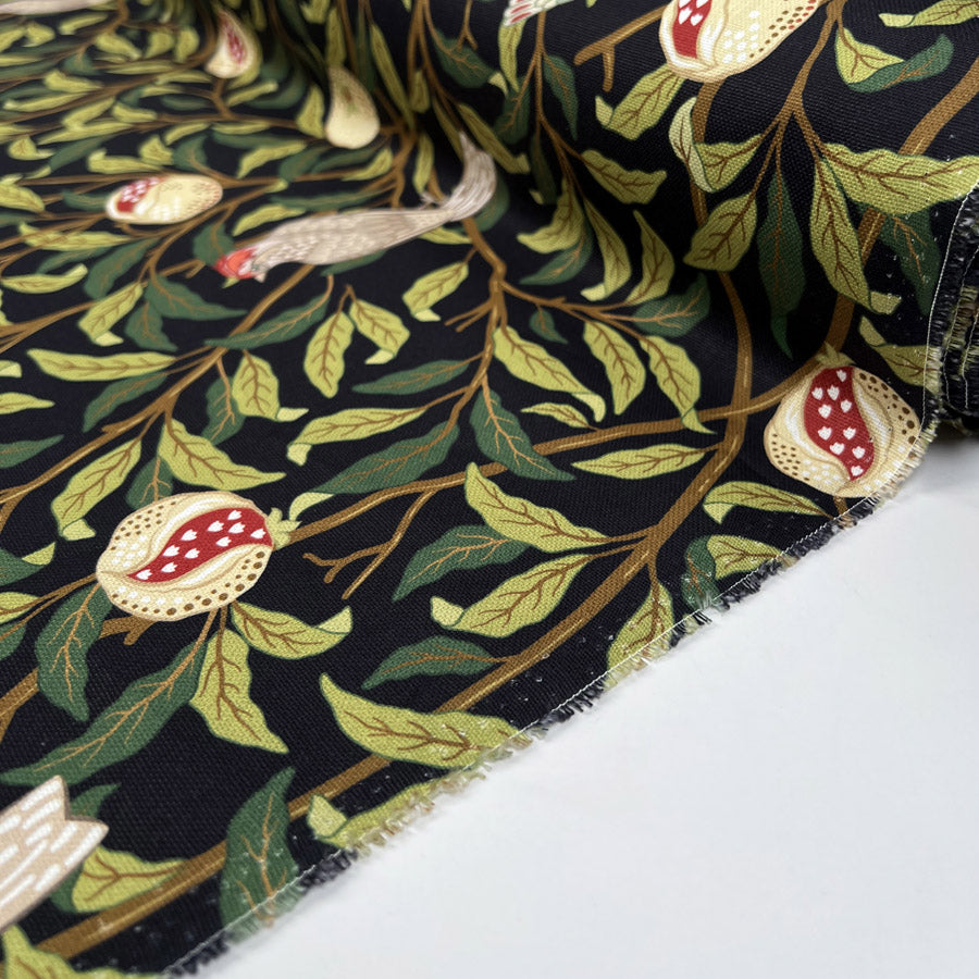 Cotton Painted Blooms Black Green Leaf Bird Printed Canvas Woven Fabric Roll