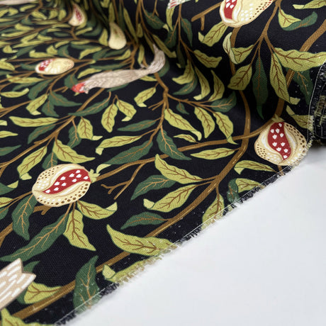 Cotton Painted Blooms Black Green Leaf Bird Printed Canvas Woven Fabric Roll