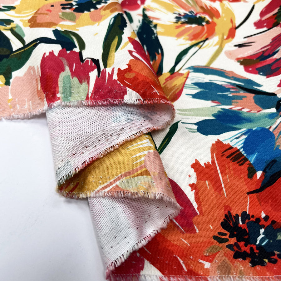 Cotton Painted Blooms White Colourful Floral Printed Canvas Woven Fabric Fold