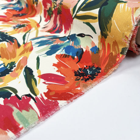 Cotton Painted Blooms White Colourful Floral Printed Canvas Woven Fabric Roll