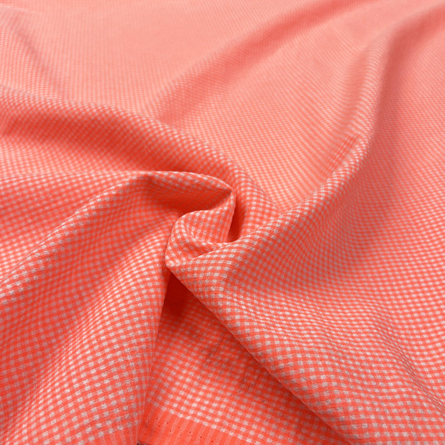 Cotton Poplin Seersucker Neon Pink White Check Polyester Lightweight Woven Dress Fabric CU
