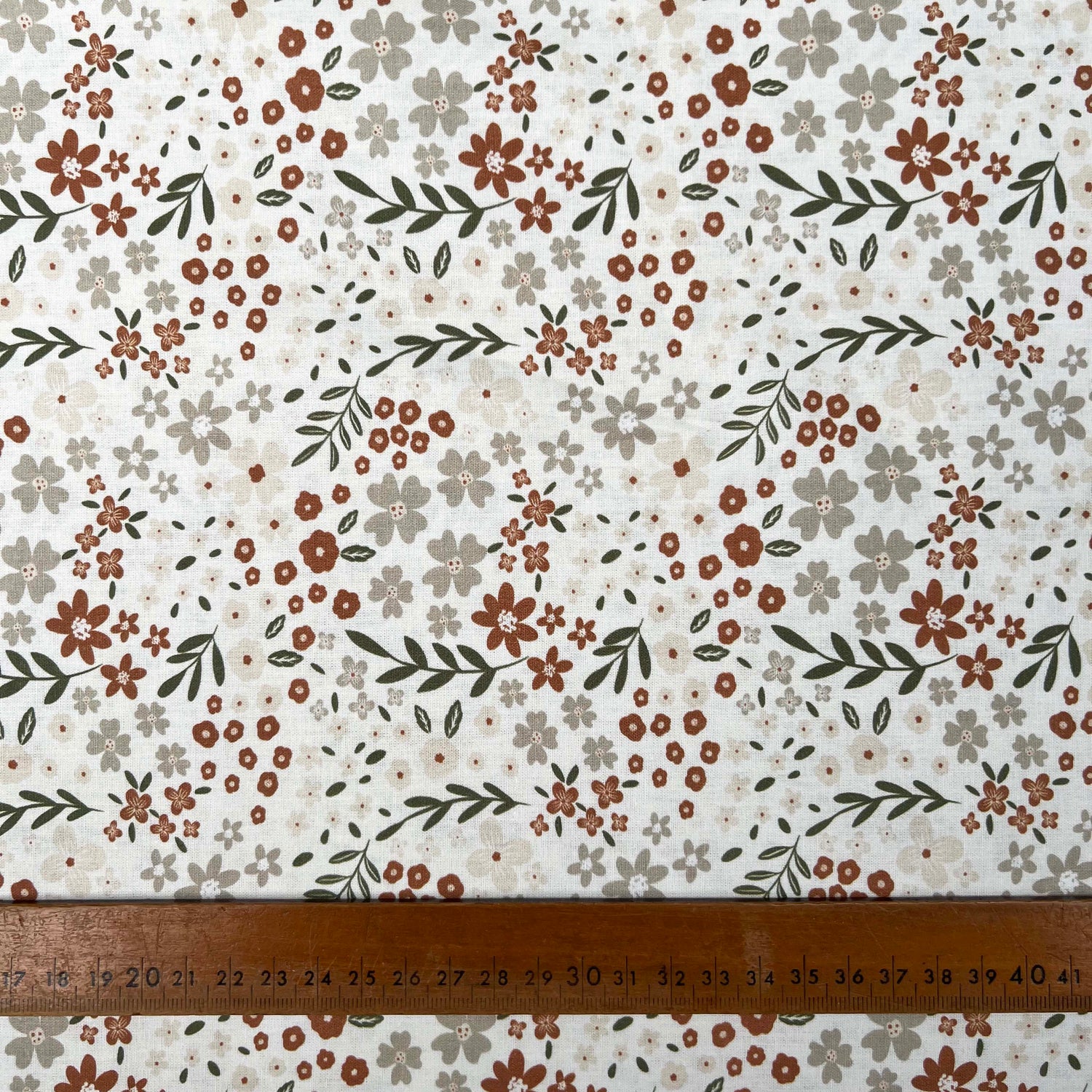 Cotton Poplin Soft Meadow Floral Off White Brown Green Woven Dress Fabric Ruler