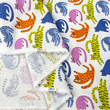 Cotton Print Lazy Cats White Multicoloured Animal Print Fabric Fold