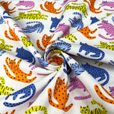Cotton Print Lazy Cats White Multicoloured Animal Print Fabric Twist