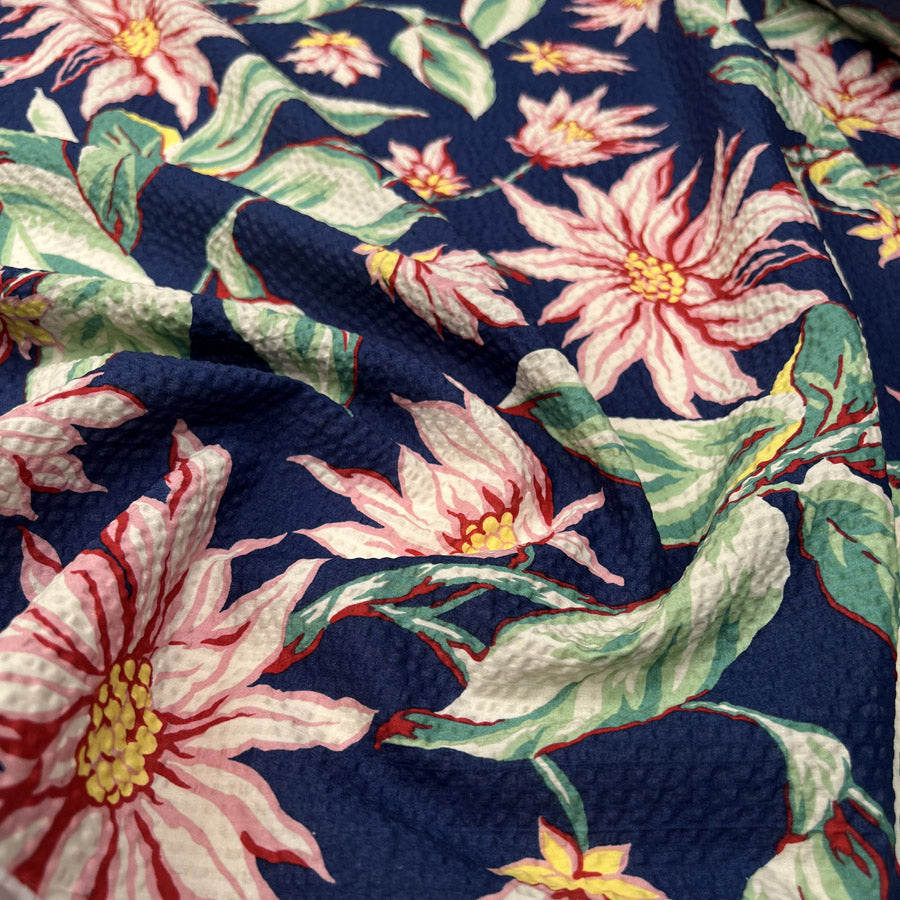 Cotton Seersucker Botanical Navy Pink Floral Puckered Dress Fabric CU