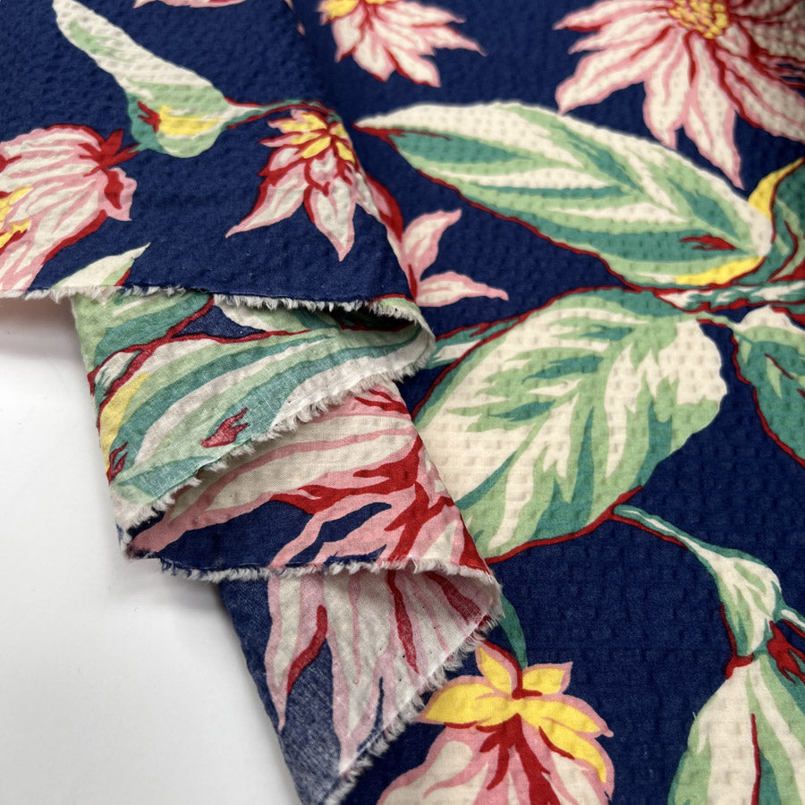 Cotton Seersucker Botanical Navy Pink Floral Puckered Dress Fabric Fold