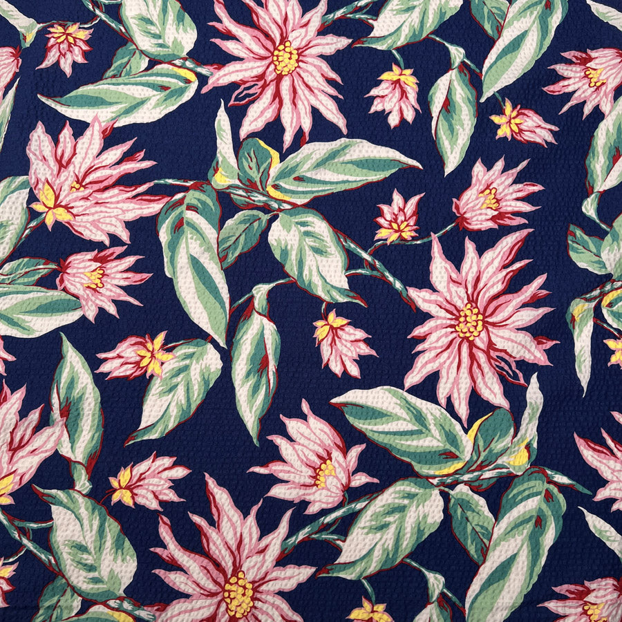 Cotton Seersucker Botanical Navy Pink Floral Puckered Dress Fabric Print