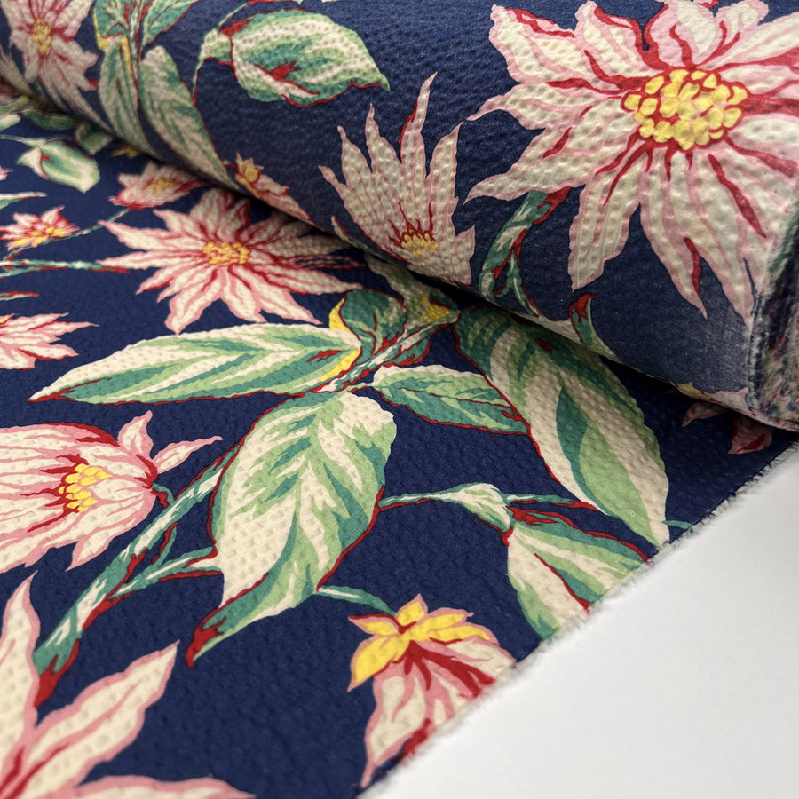 Cotton Seersucker Botanical Navy Pink Floral Puckered Dress Fabric Roll