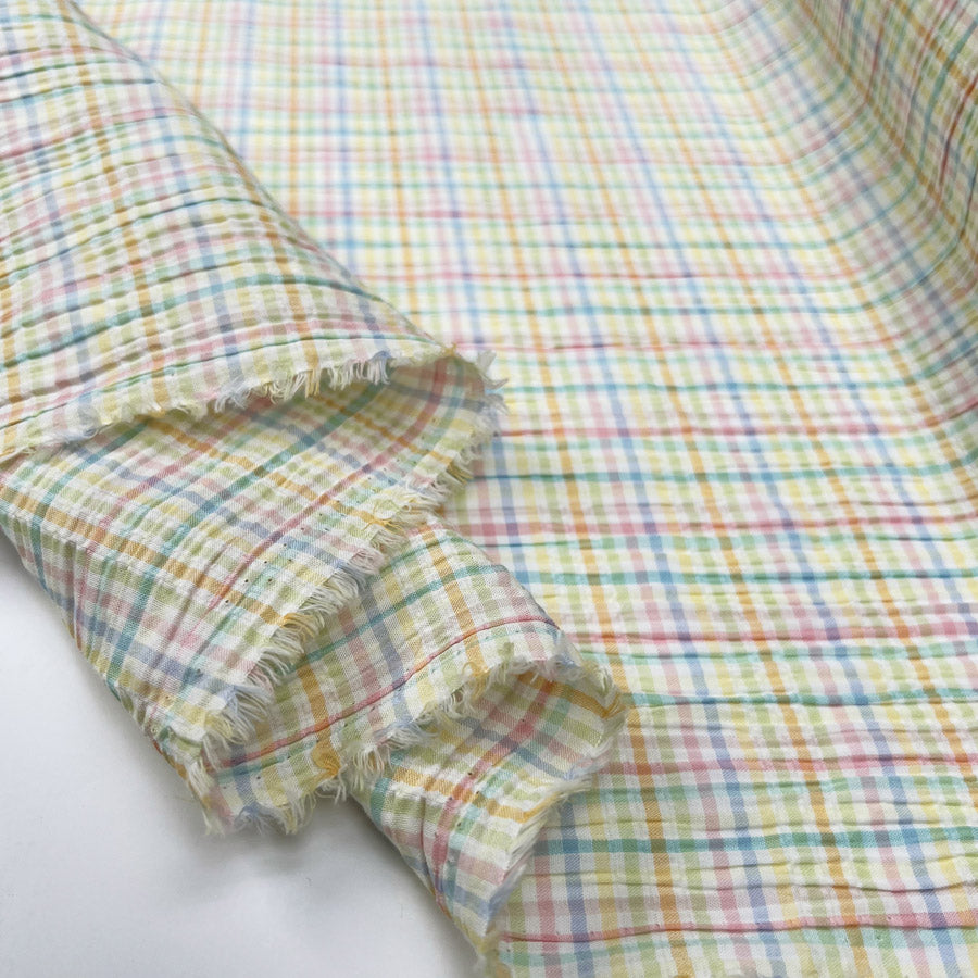 Cotton Seersucker Pastel Check Multicoloured Lightweight Summer Dress Fabric Fold