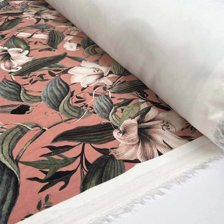 Cotton Suede Kew Ex Designer Italian Pink Green Floral Fabric Roll