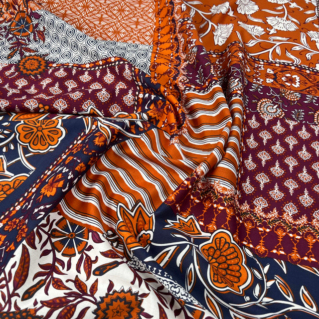 Cotton_Voile_Abstract_Patchwork_Orange_Navy_Dress_Fabric_CU
