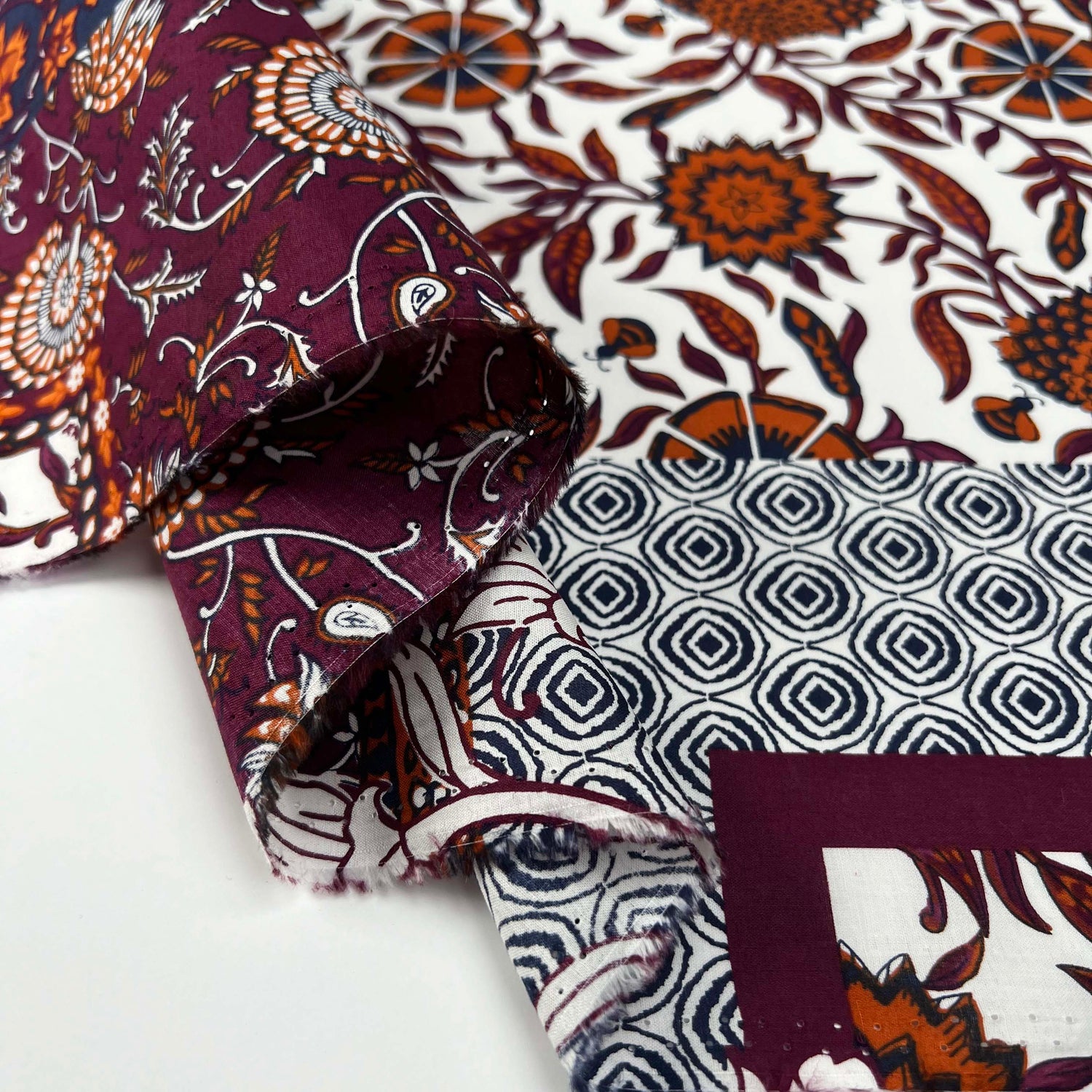 Cotton_Voile_Abstract_Patchwork_Orange_Navy_Dress_Fabric_Fold