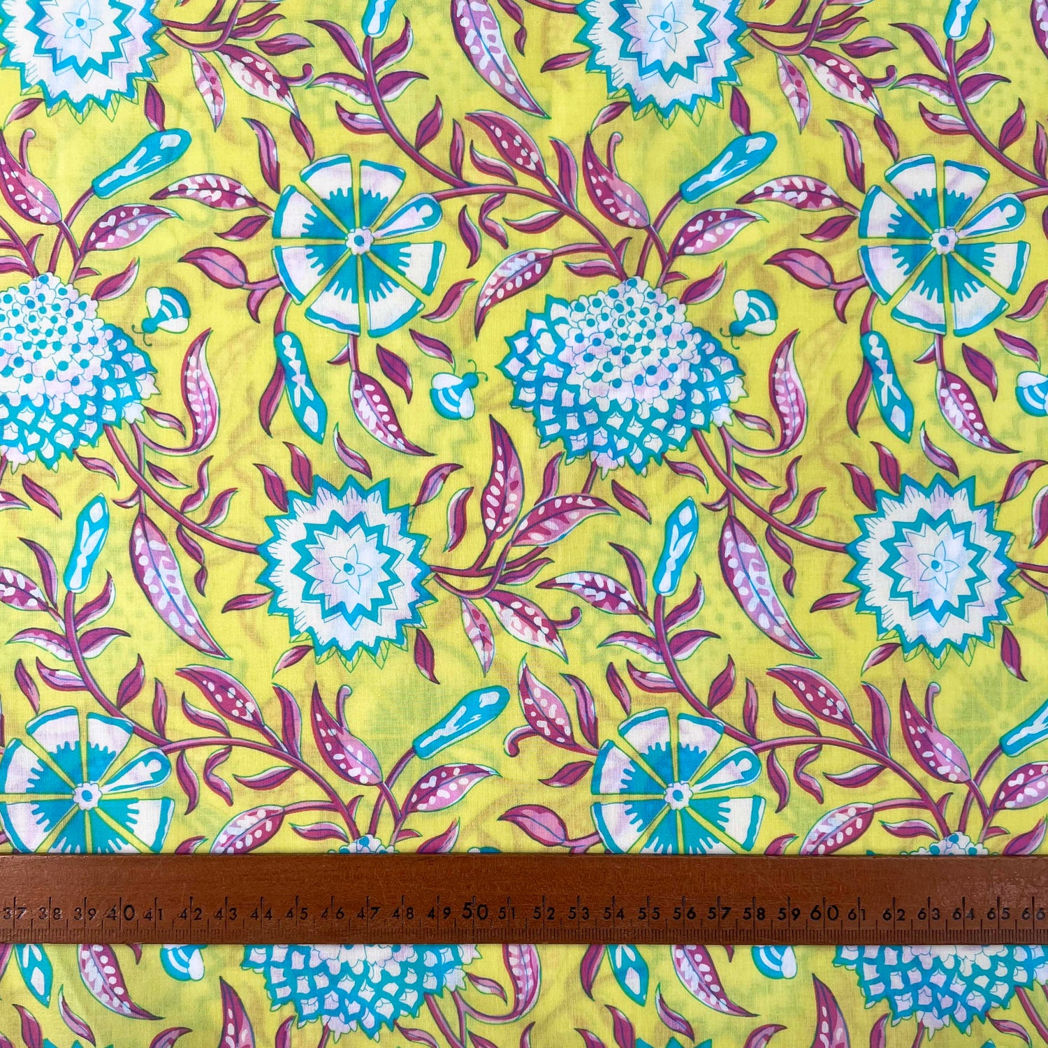 Cotton_Voile_Retro_Floral_Yellow_Blue_Abstract_Dress_Fabric_Ruler
