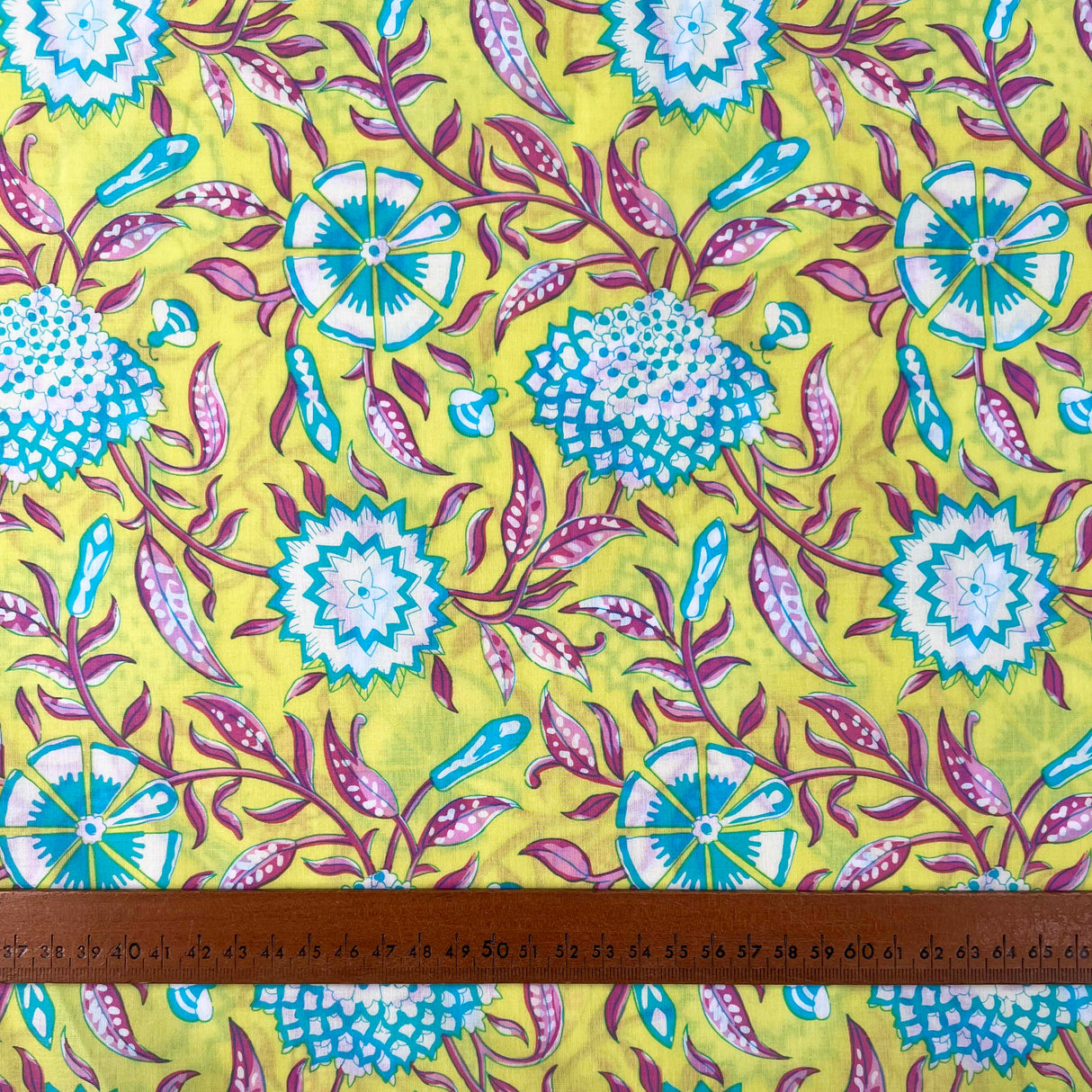 Cotton_Voile_Retro_Floral_Yellow_Blue_Abstract_Dress_Fabric_Ruler