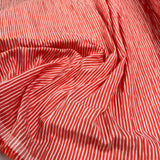 Crinkle Seersucker Stripe Red Cotton Polyester Elastane White Woven Dress Fabric Close Up