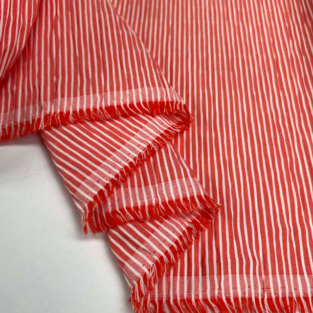 Crinkle Seersucker Stripe Red Cotton Polyester Elastane White Woven Dress Fabric Fold