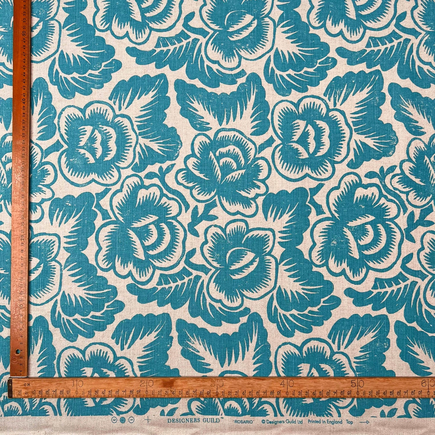 Designers Guild Aqua Floral FabricDG Printed Linen Mix Rosario Ruler