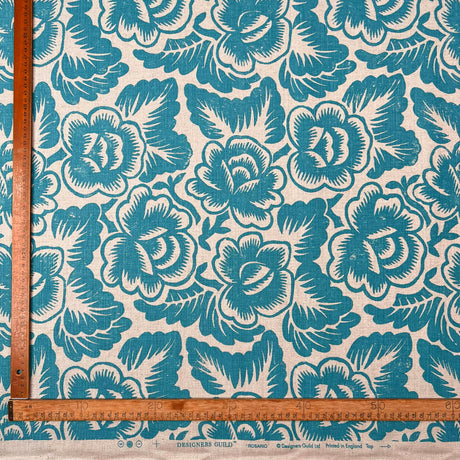 Designers Guild Aqua Floral FabricDG Printed Linen Mix Rosario Ruler