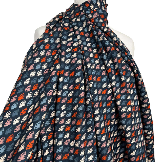 Abstract Printed Cotton Dress Fabric Dashwood Poplin Navy Fans Mannequin