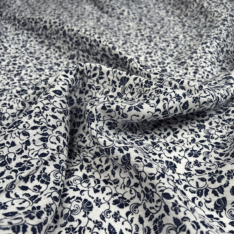 Delft Garden Linen White Blue Woven Floral Print Ex Designer Dress Fabric CU