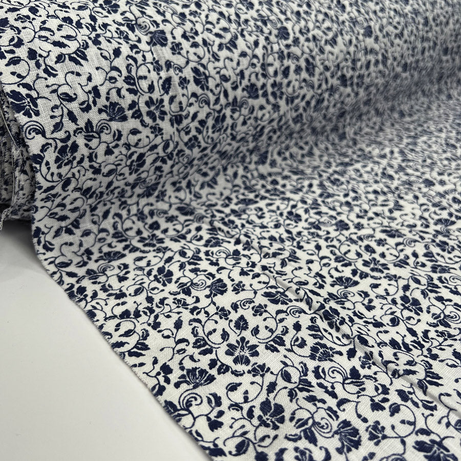 Delft Garden Linen White Blue Woven Floral Print Ex Designer Dress Fabric Roll